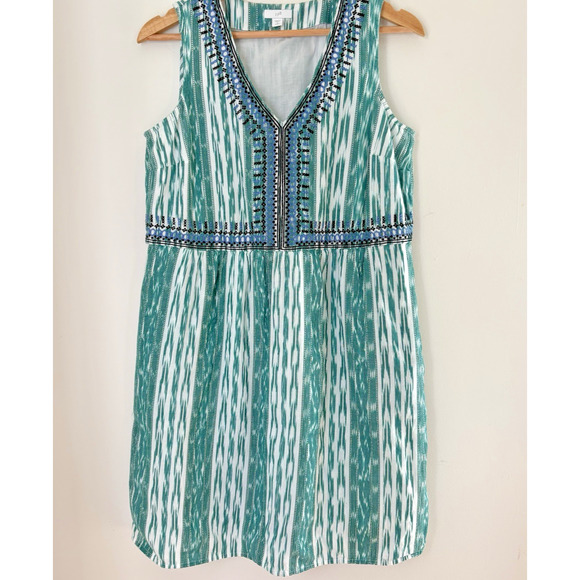 J JILL Embroidered Cotton Ikat Dress Small Petite V-Neck Sleeveless Lined Boho - Picture 3 of 13
